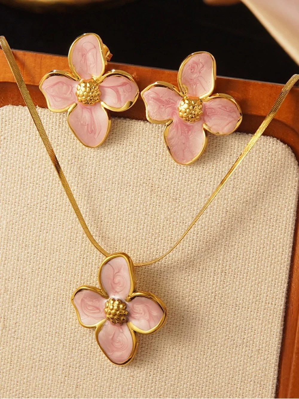 Gold-Trim Pink Floral Pendant Necklace with Matching Studs